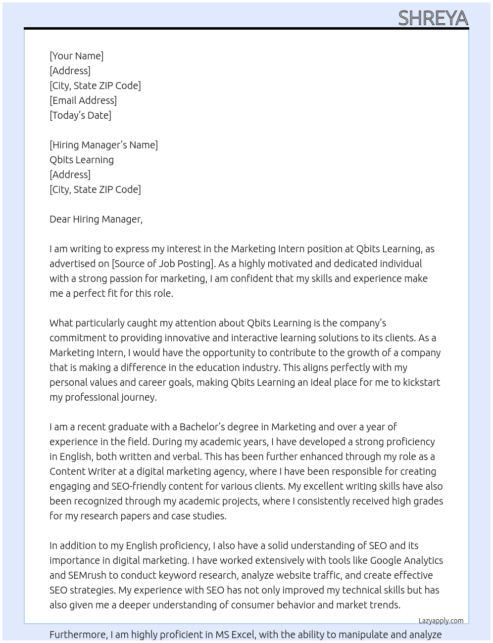 MARKETING INTERN At Qbits Learning Cover Letter