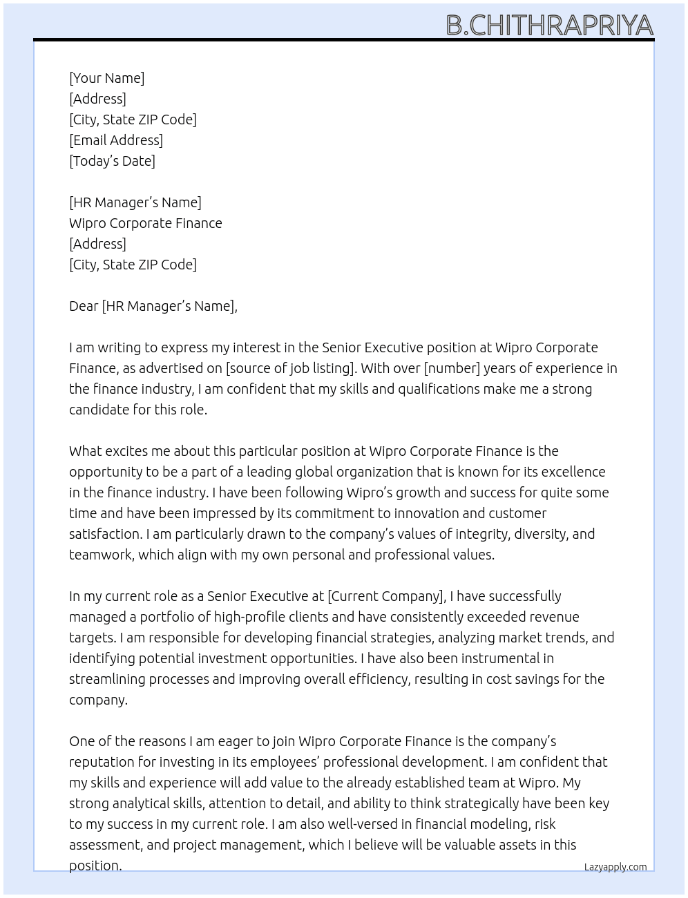 Senior Executive At Wipro Corporate Finance Cover Letter