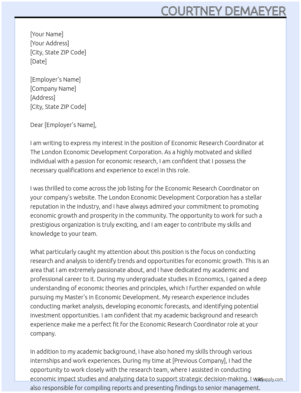 Economic Research Coordinator At The London Economic Development Corporation Cover Letter
