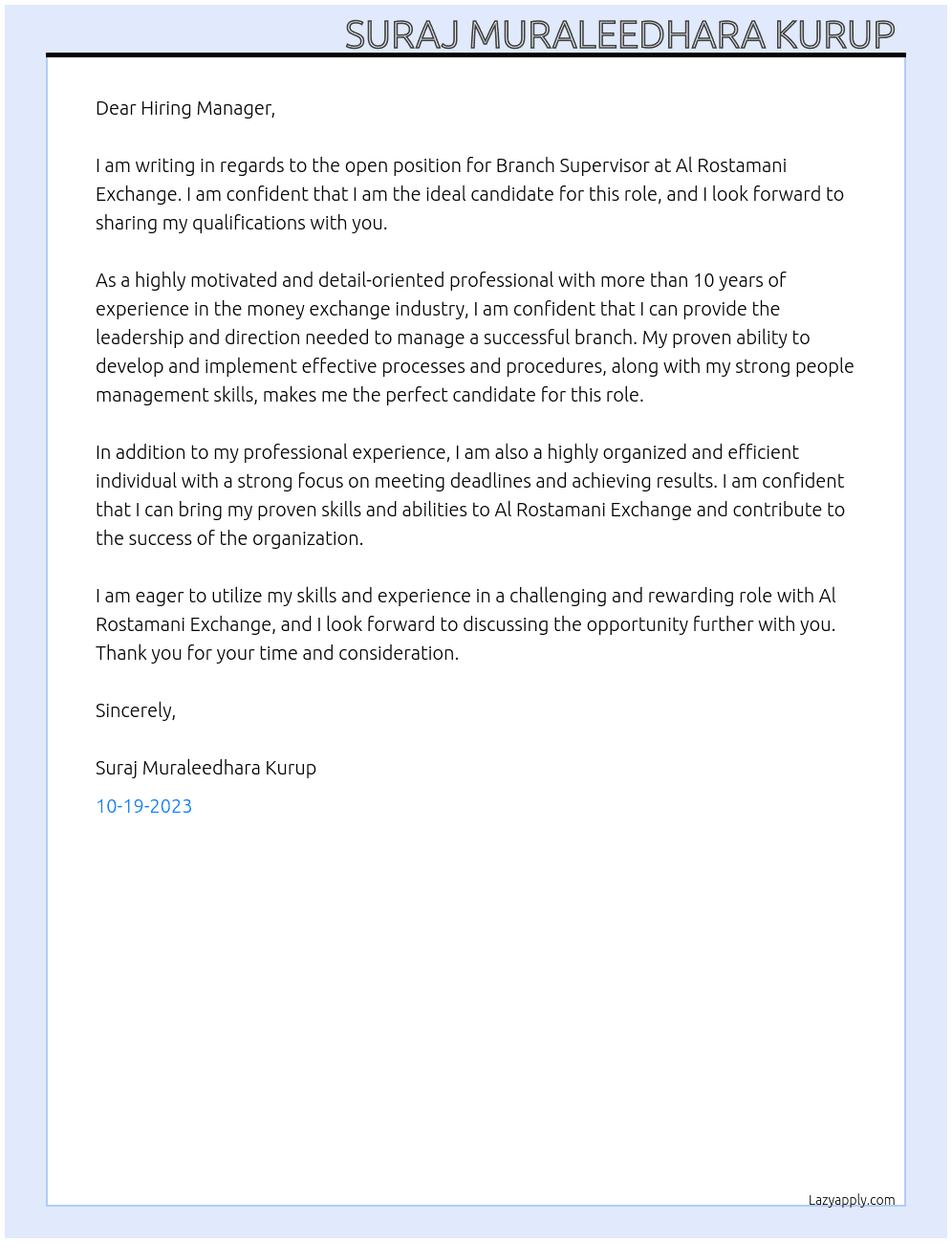 Cover letter for branch supervisor in money exchange - LazyApply