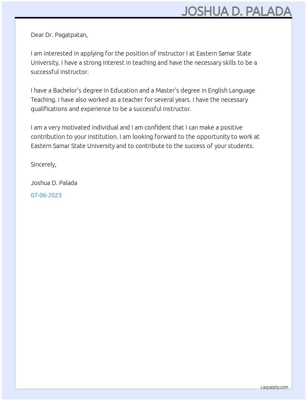 Instructor I At Eastern Samar State University  Cover Letter