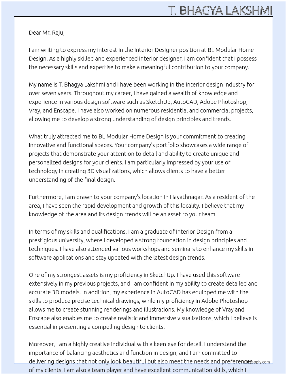 Interior design At BL Modular home design Cover Letter