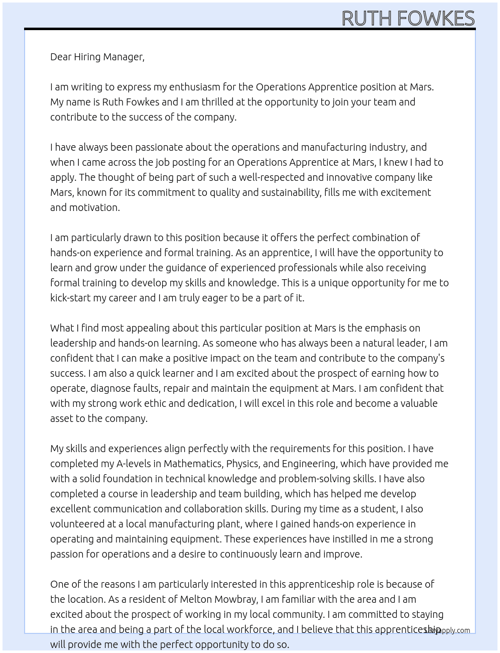 Cover letter for operations apprentice - LazyApply