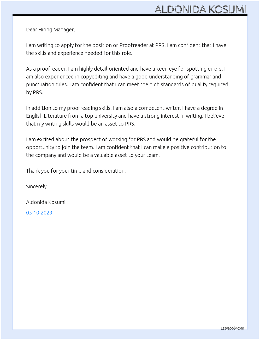 Proofreader At PRS Cover Letter