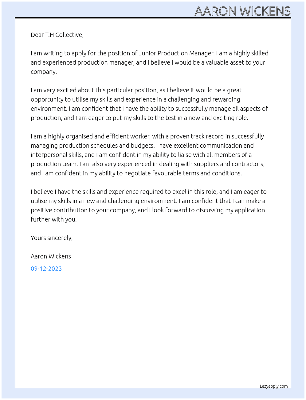 Junior Production Manager At T.H Collective Cover Letter