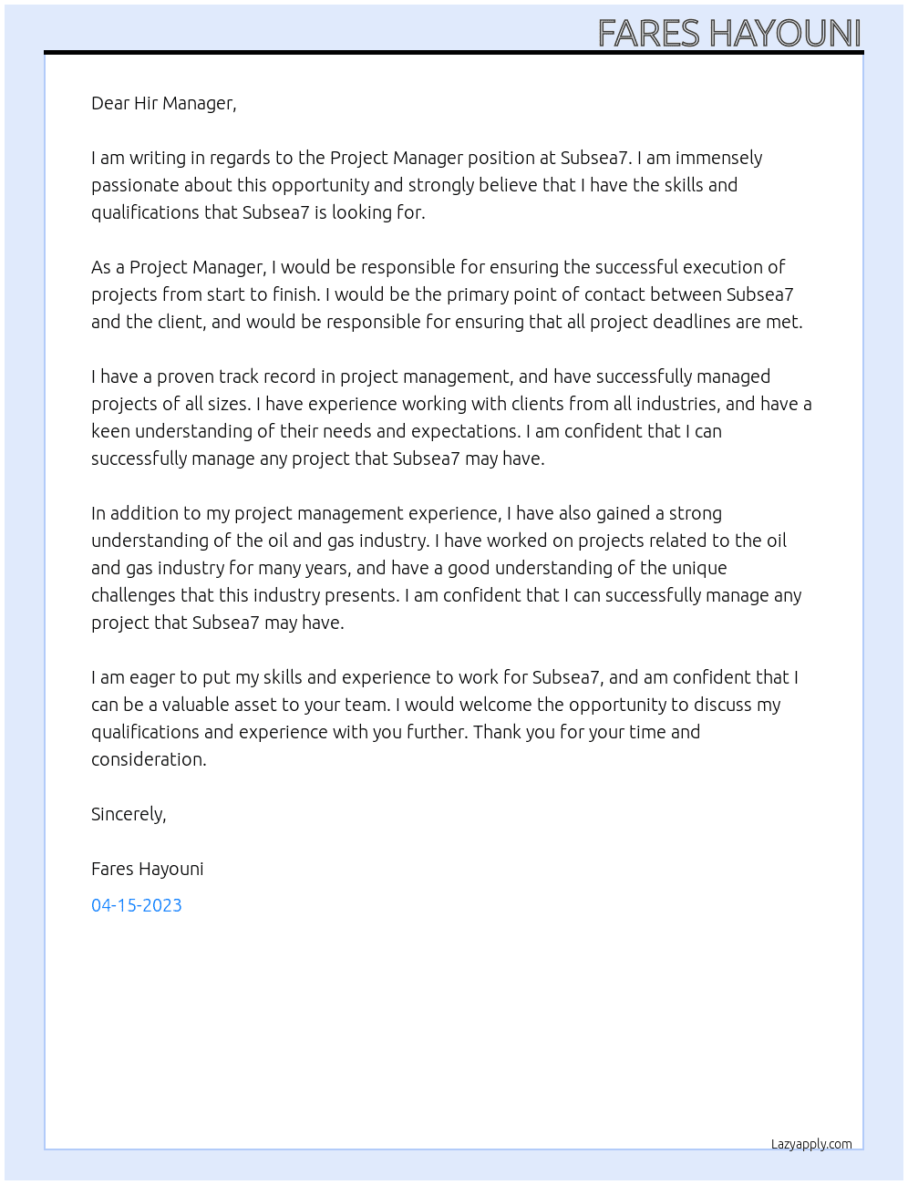 project manager At Subsea7 Cover Letter