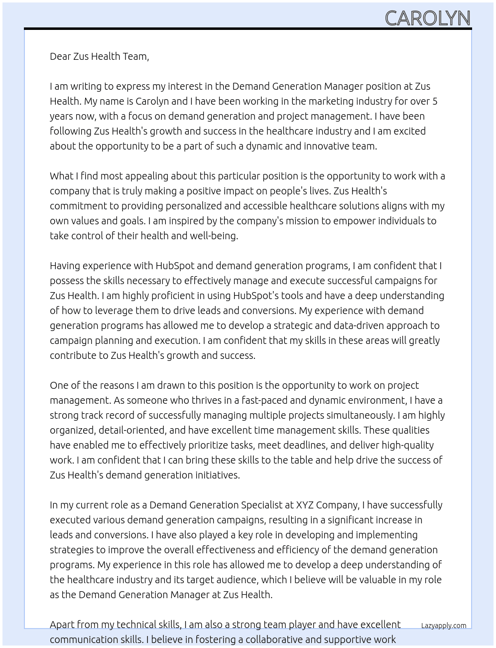 Demand Generation Manager At Zus Health Cover Letter