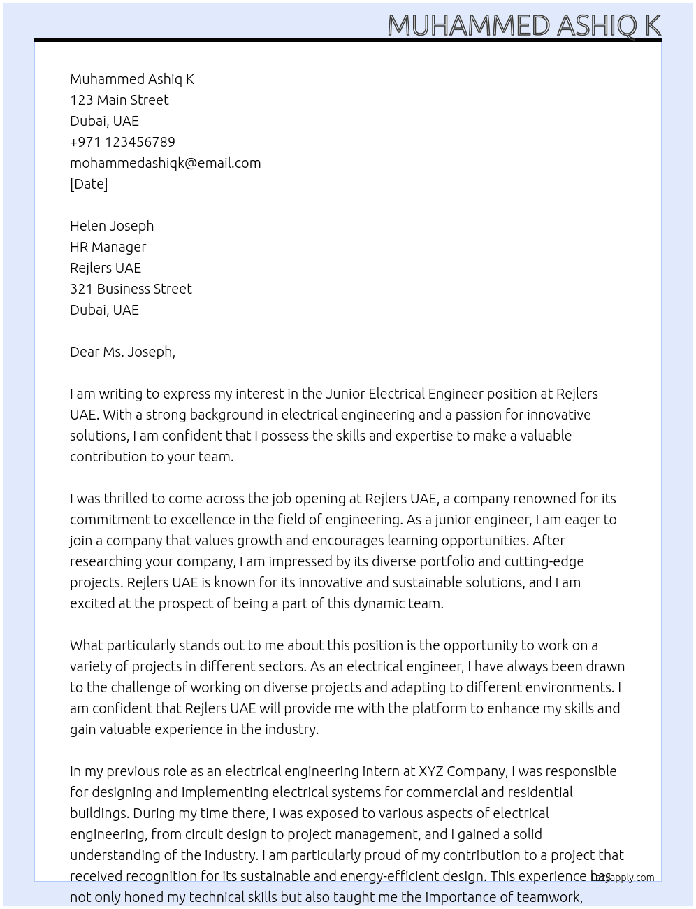 Junior Electrical Engineer At Rejlers UAE Cover Letter