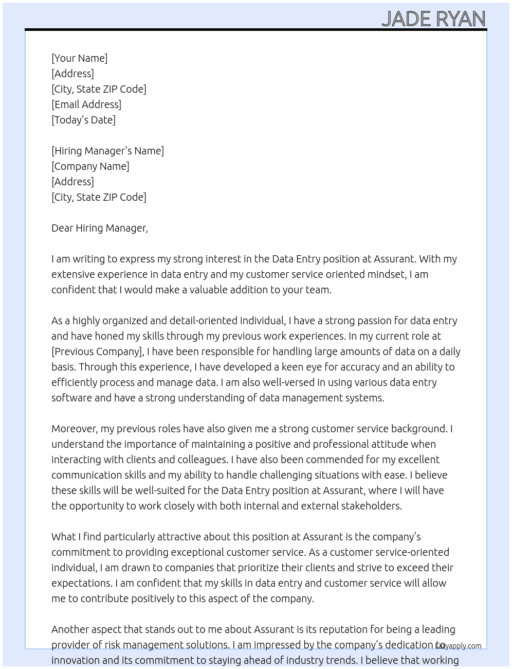 Data Entry At Assurant Cover Letter