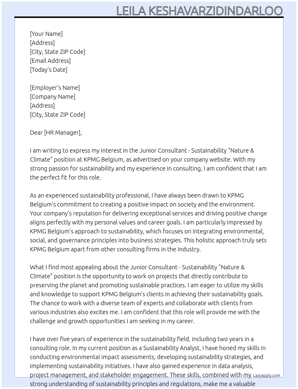 Junior Consultant - Sustainability "Nature & Climate"  At KPMG Belgium Cover Letter