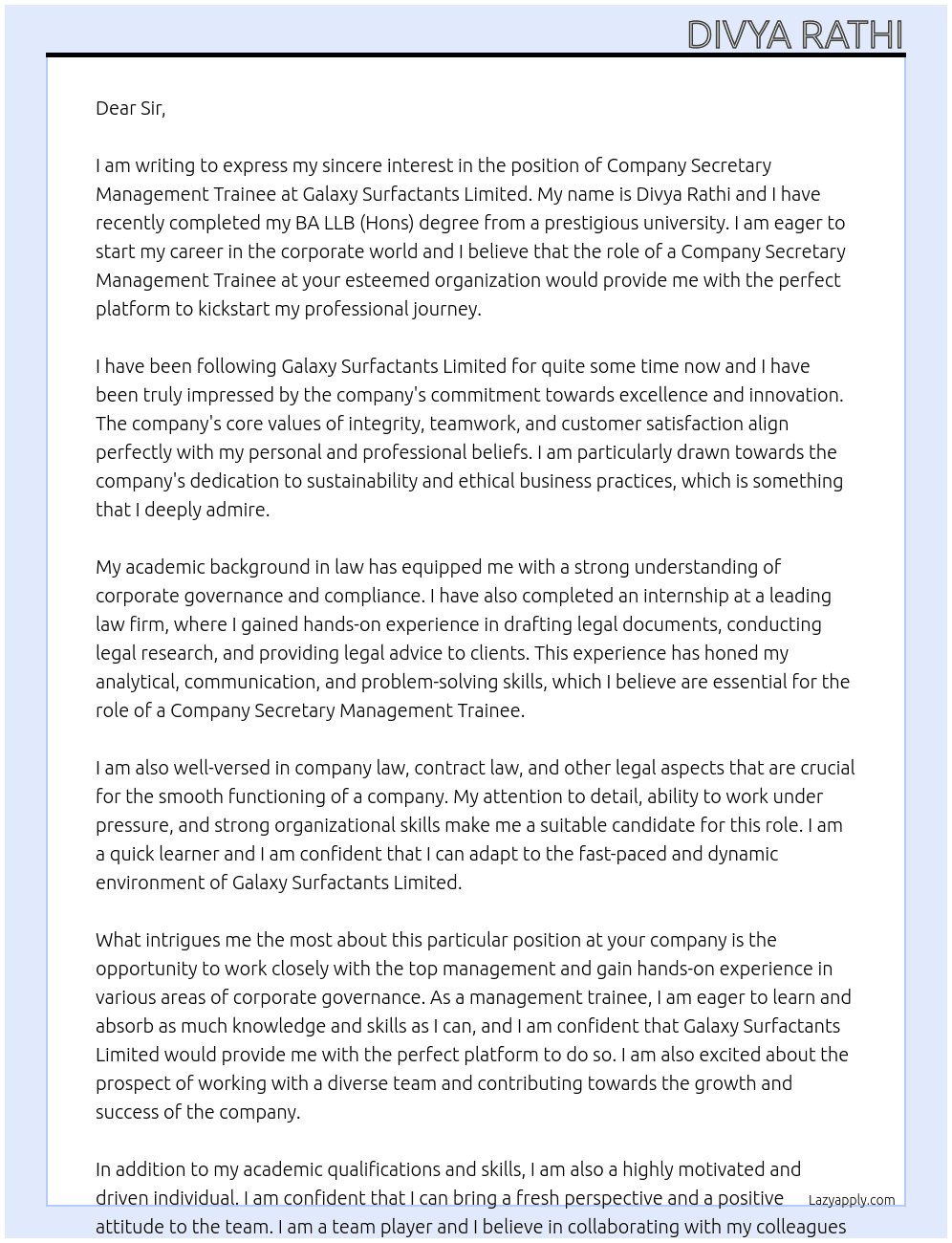 company secretary management trainee At Galaxy Surfactants Limited Cover Letter