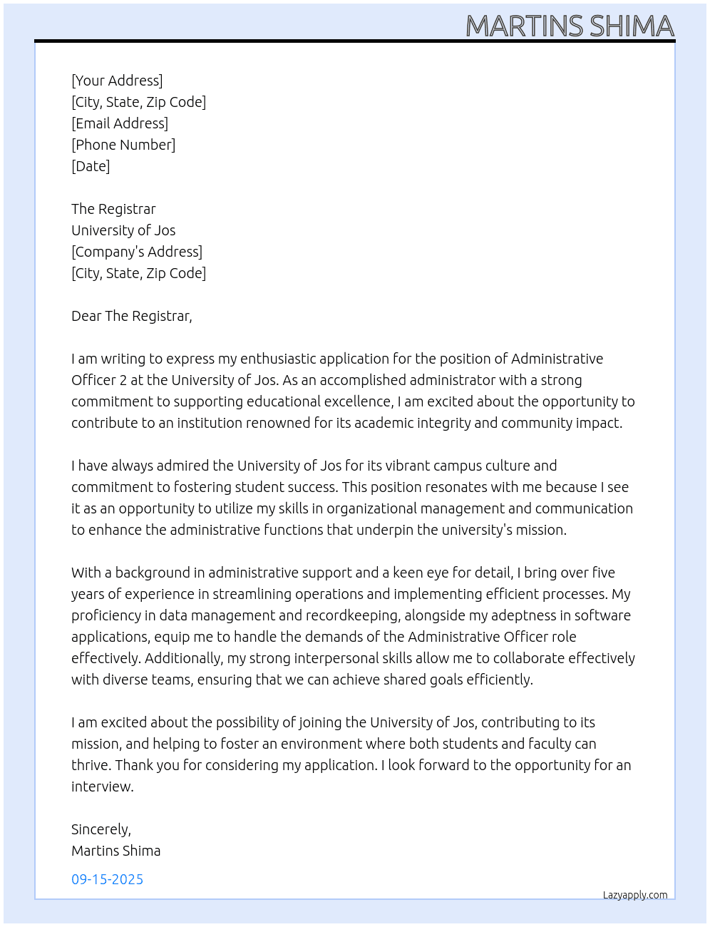 Administrative officer 2 At University of Jos Cover Letter