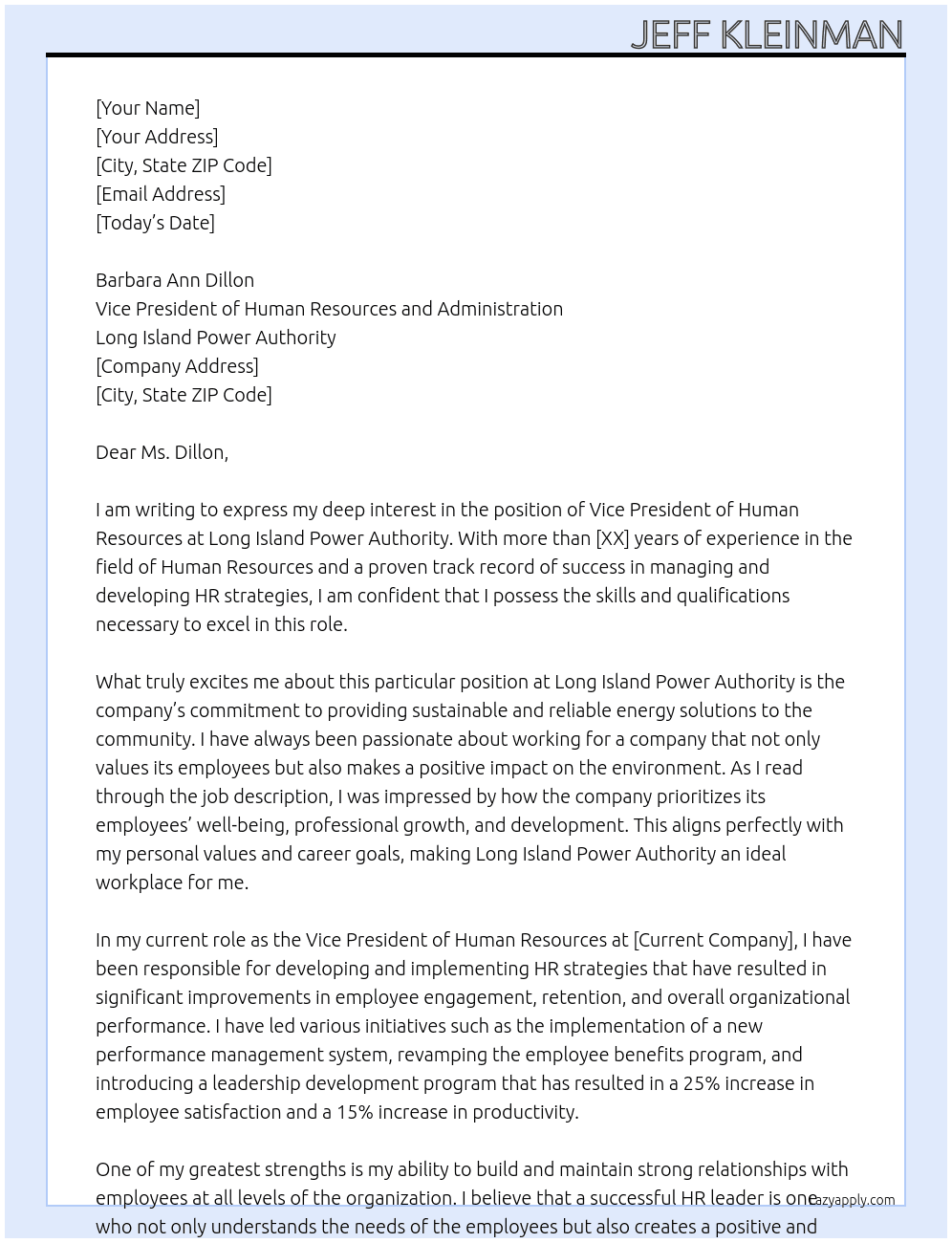 Vice President of Human Resources At Long Island Power Authority Cover Letter