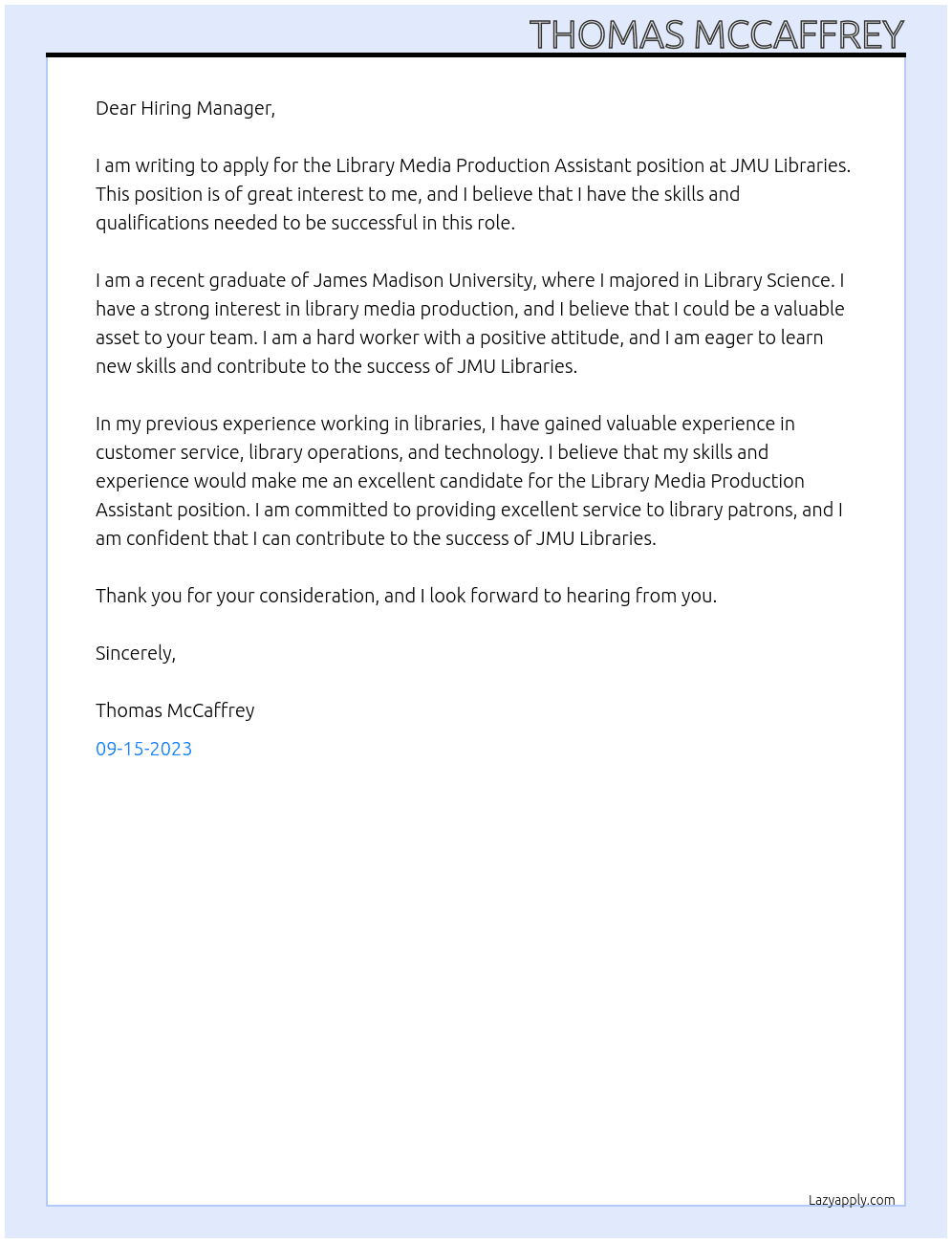 Library Media Production Assistant At JMU Libraries Cover Letter