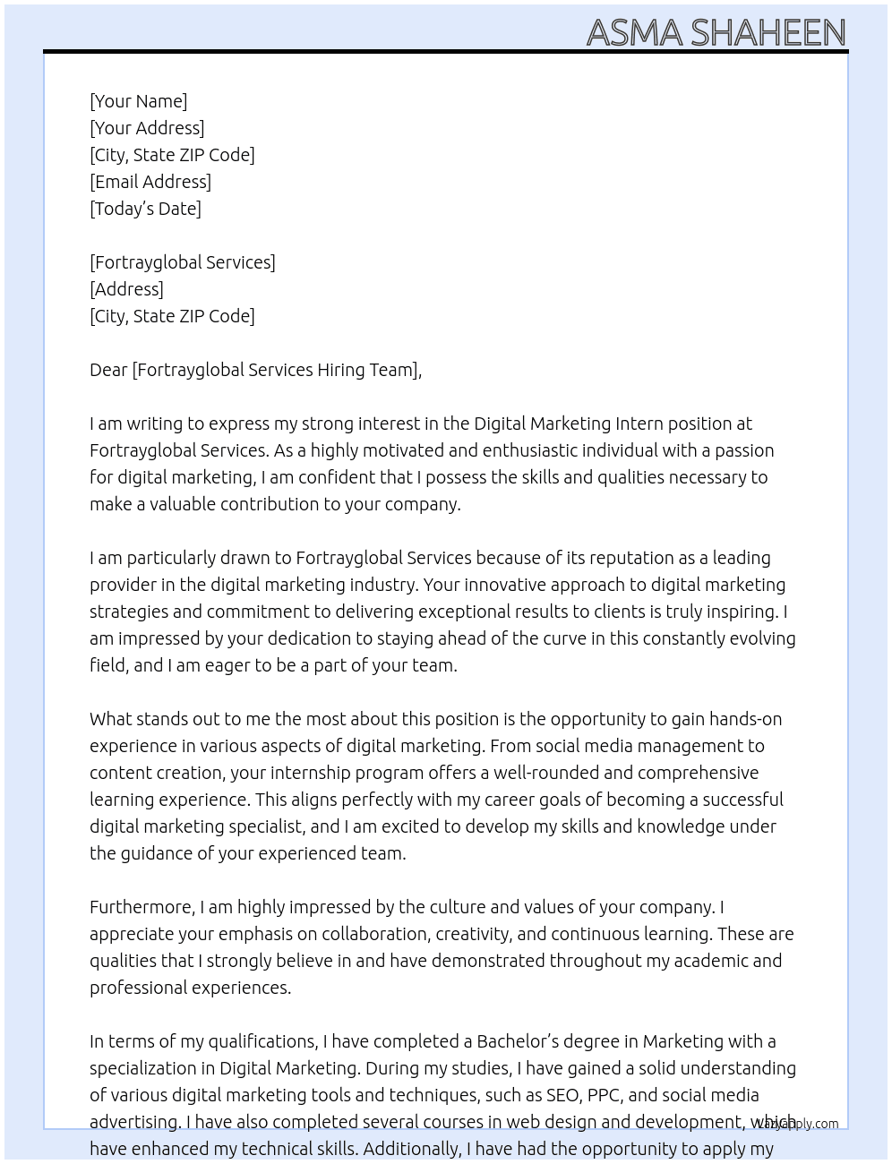 digital marketing intern At fortrayglobal services Cover Letter