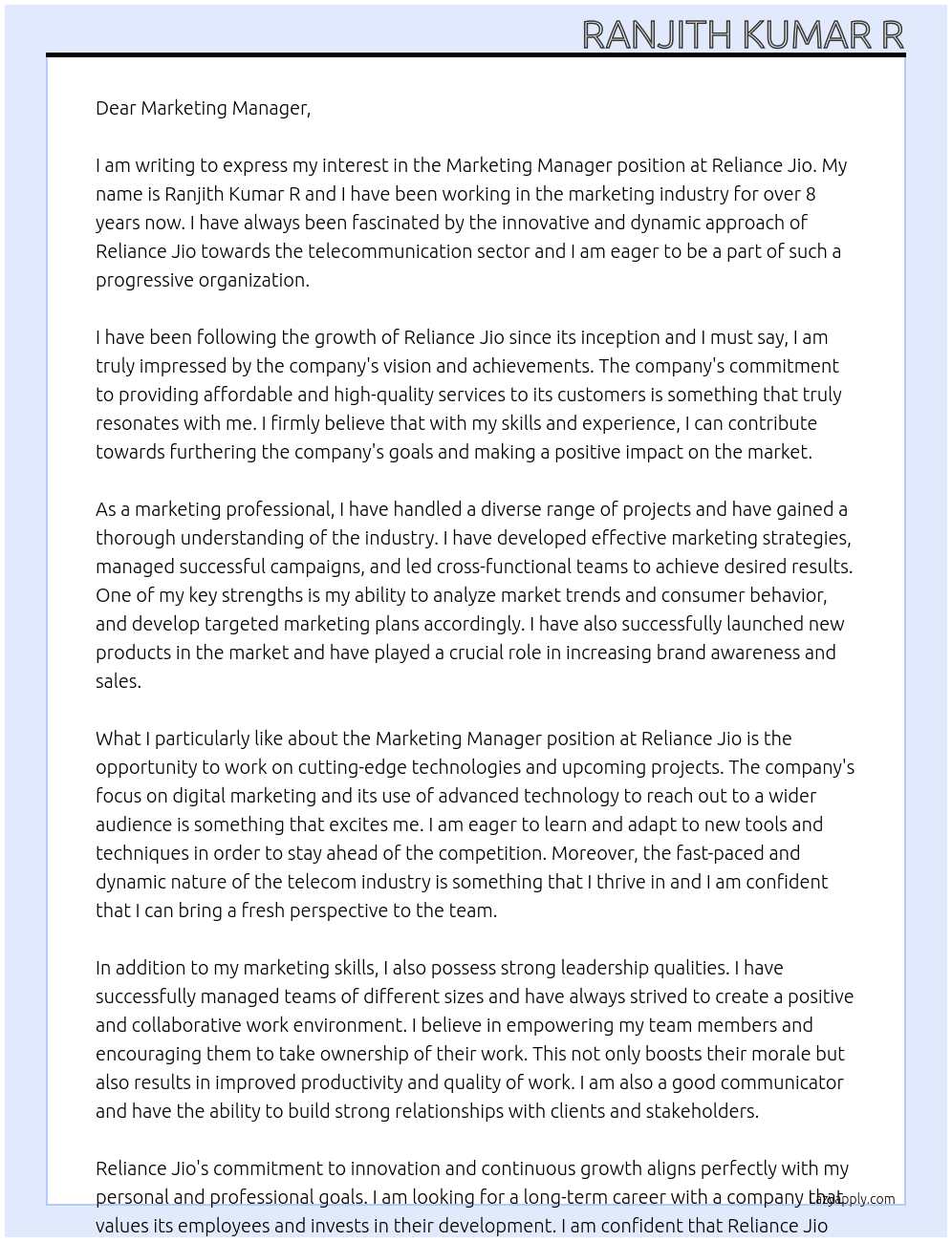 Marketing Manager  At Reliance Jio Cover Letter