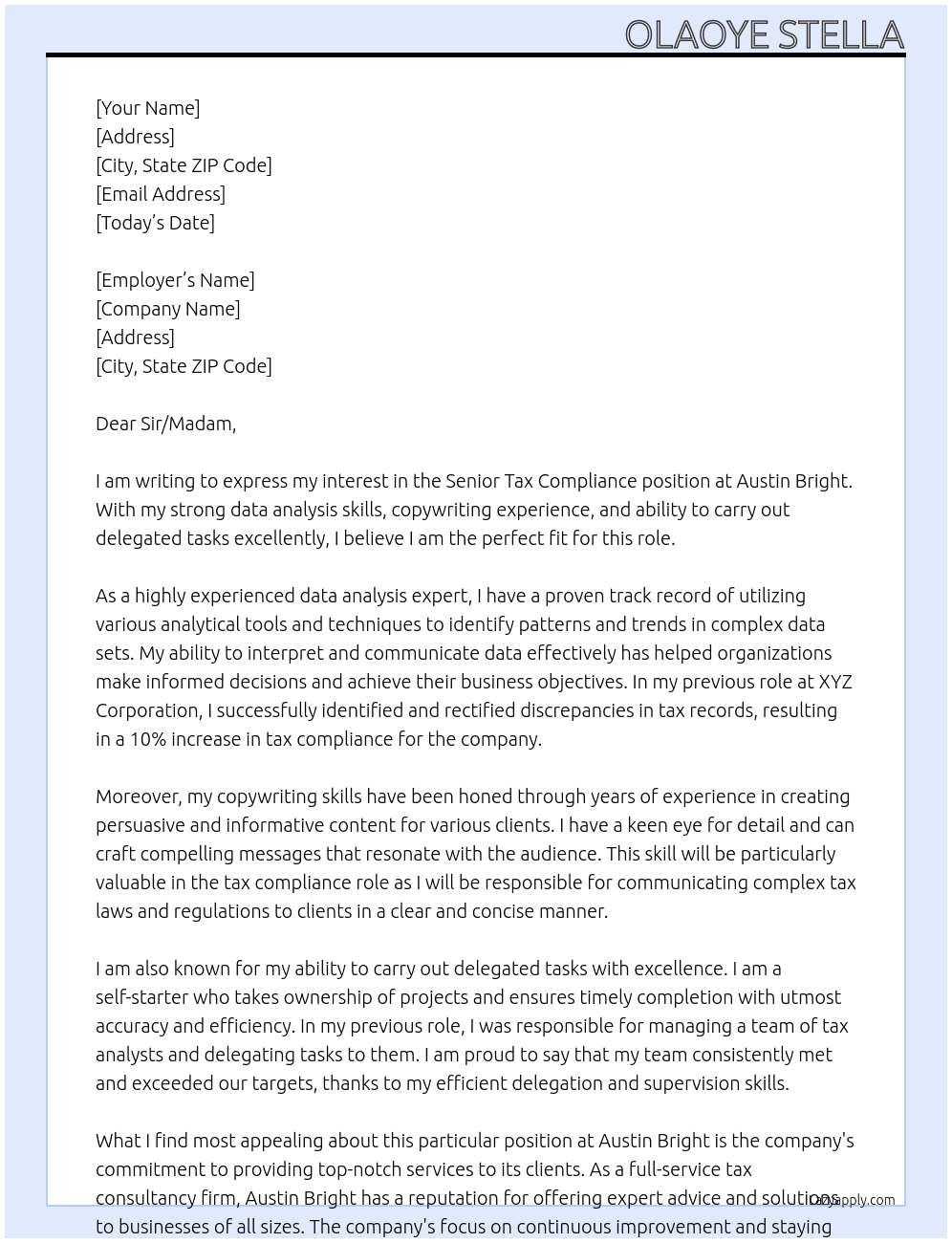 senior tax compliance  At AUSTIN BRIGHT Cover Letter