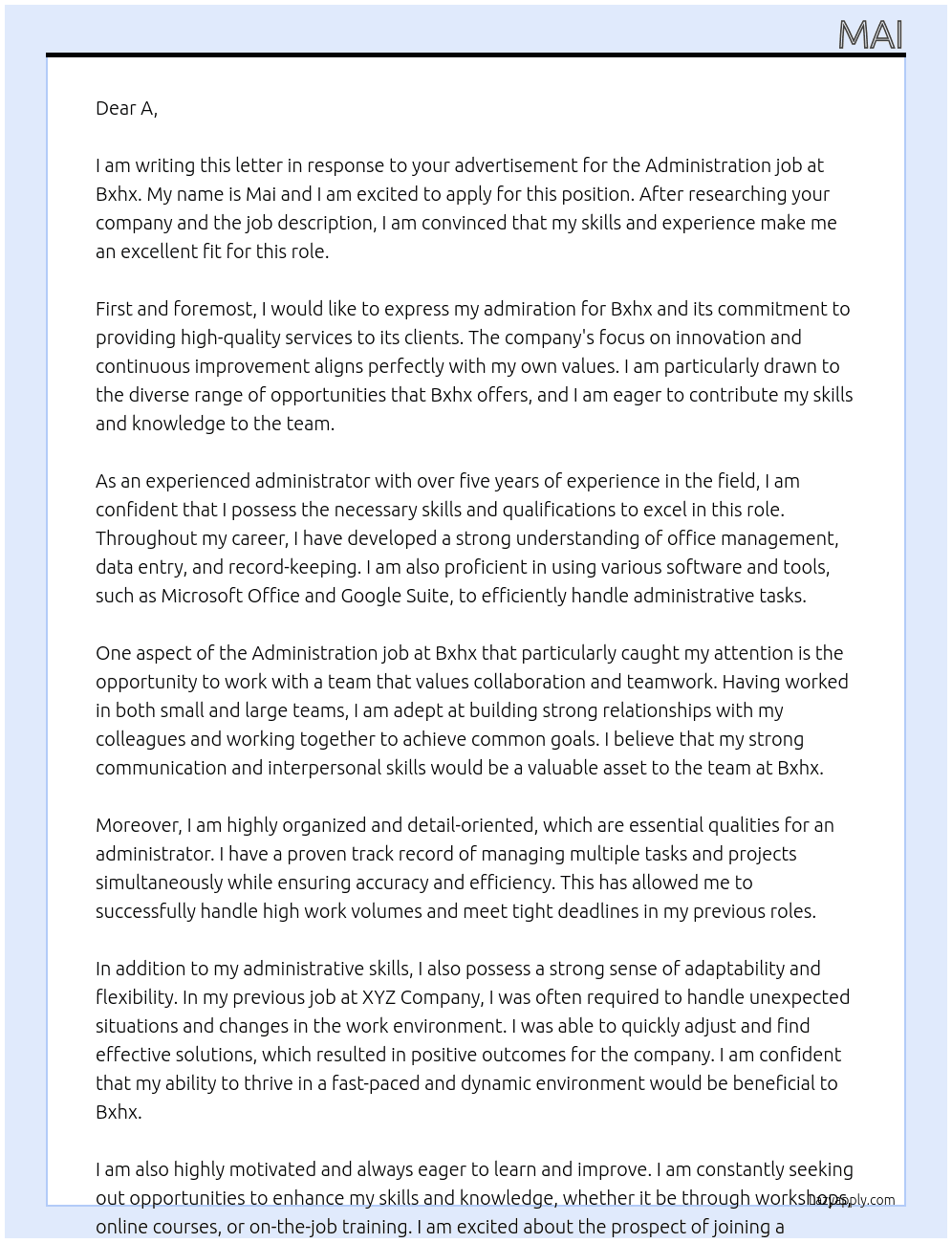 Administration job At Bxhx Cover Letter