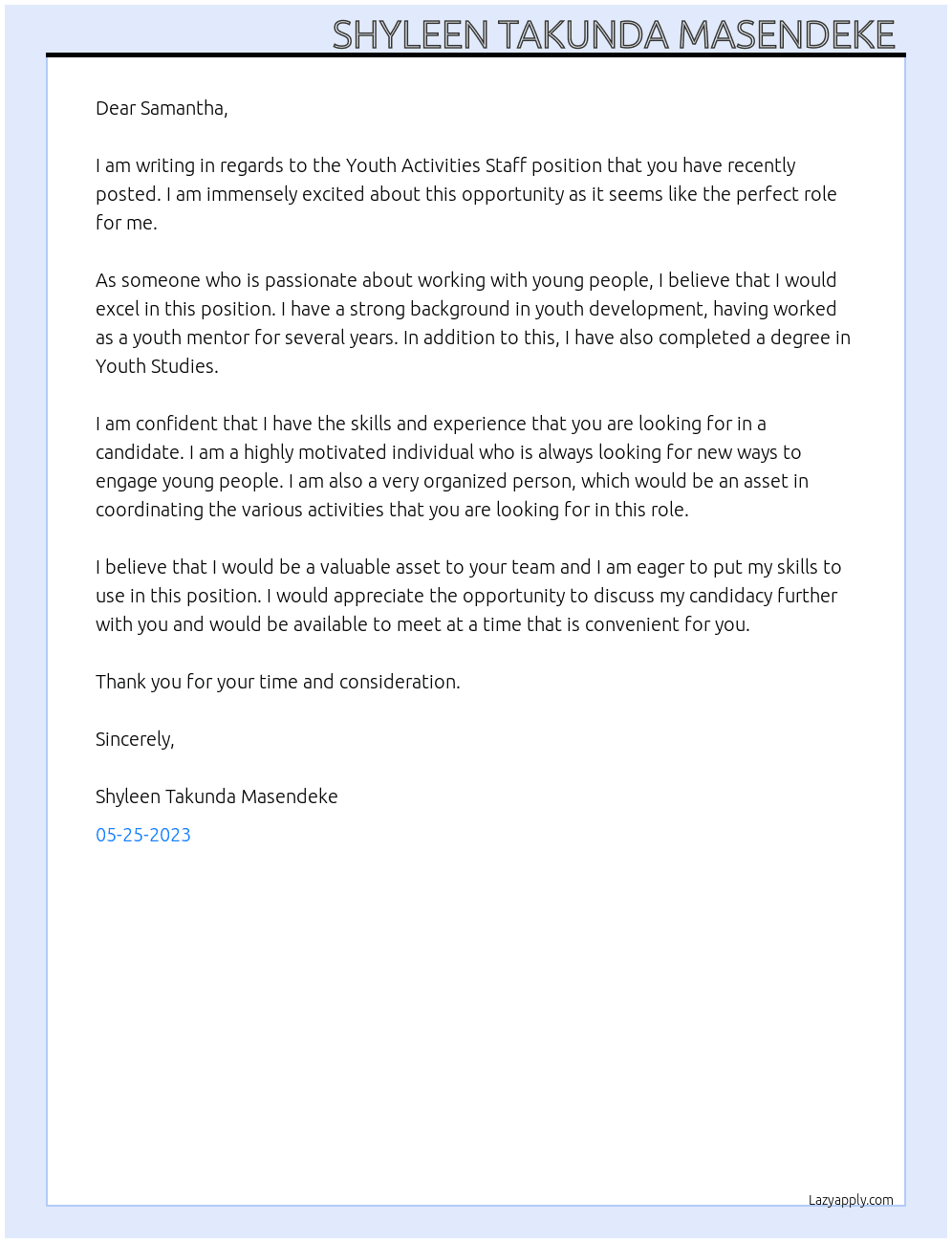 Youth Activities Staff At gourmet recruitment Cover Letter