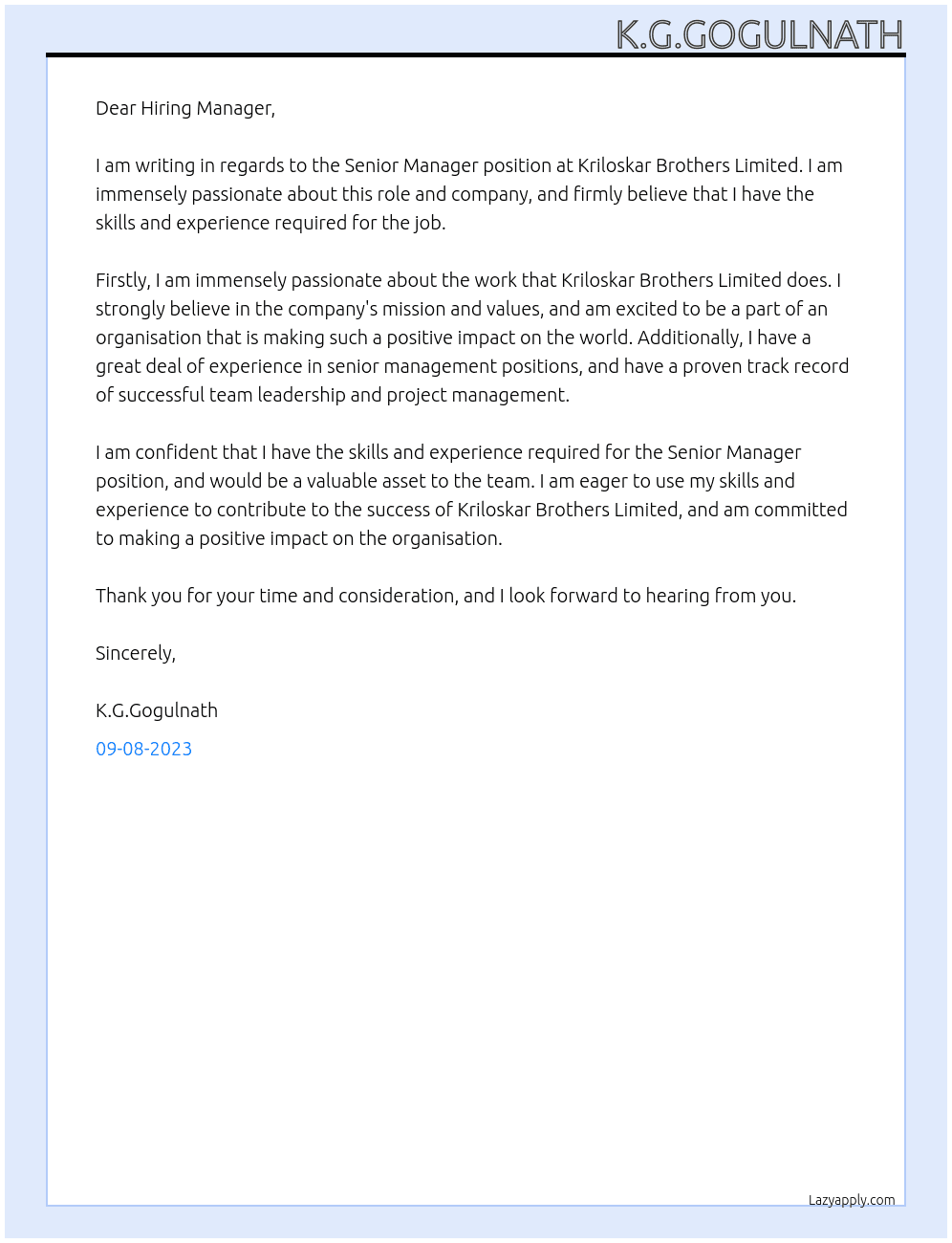 Senior Manager At Kriloskar Brothers Limited Cover Letter