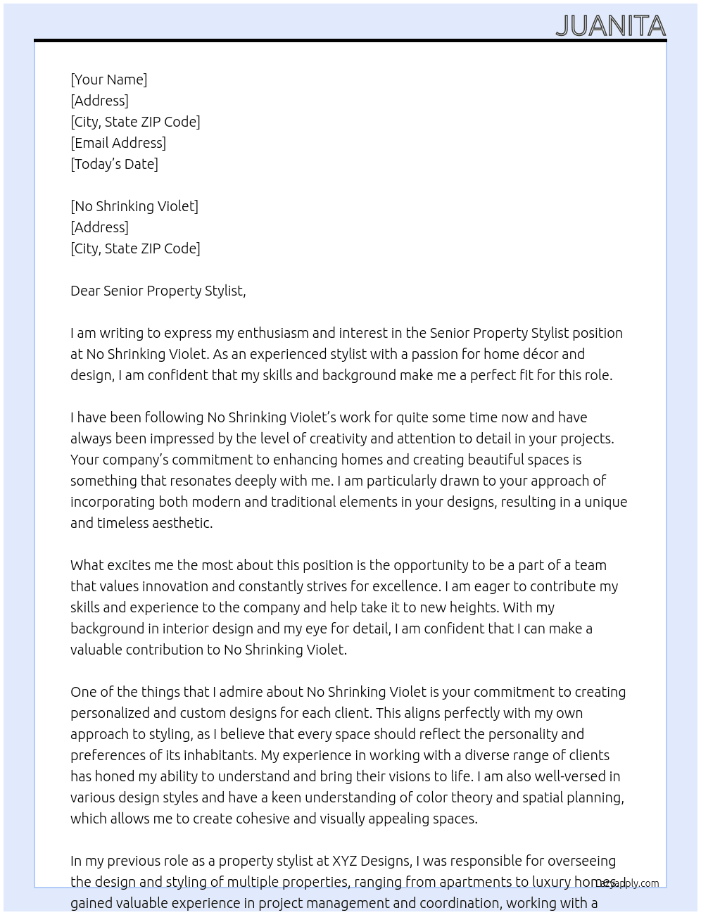 Senior Property Stylist At No Shrinking Violet Cover Letter