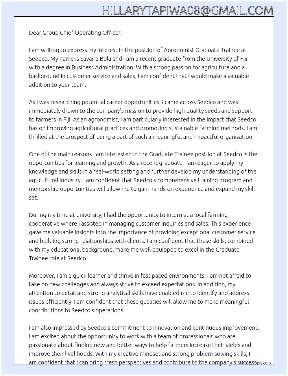 Agronomist Graduate Trainee  At Seedco Cover Letter