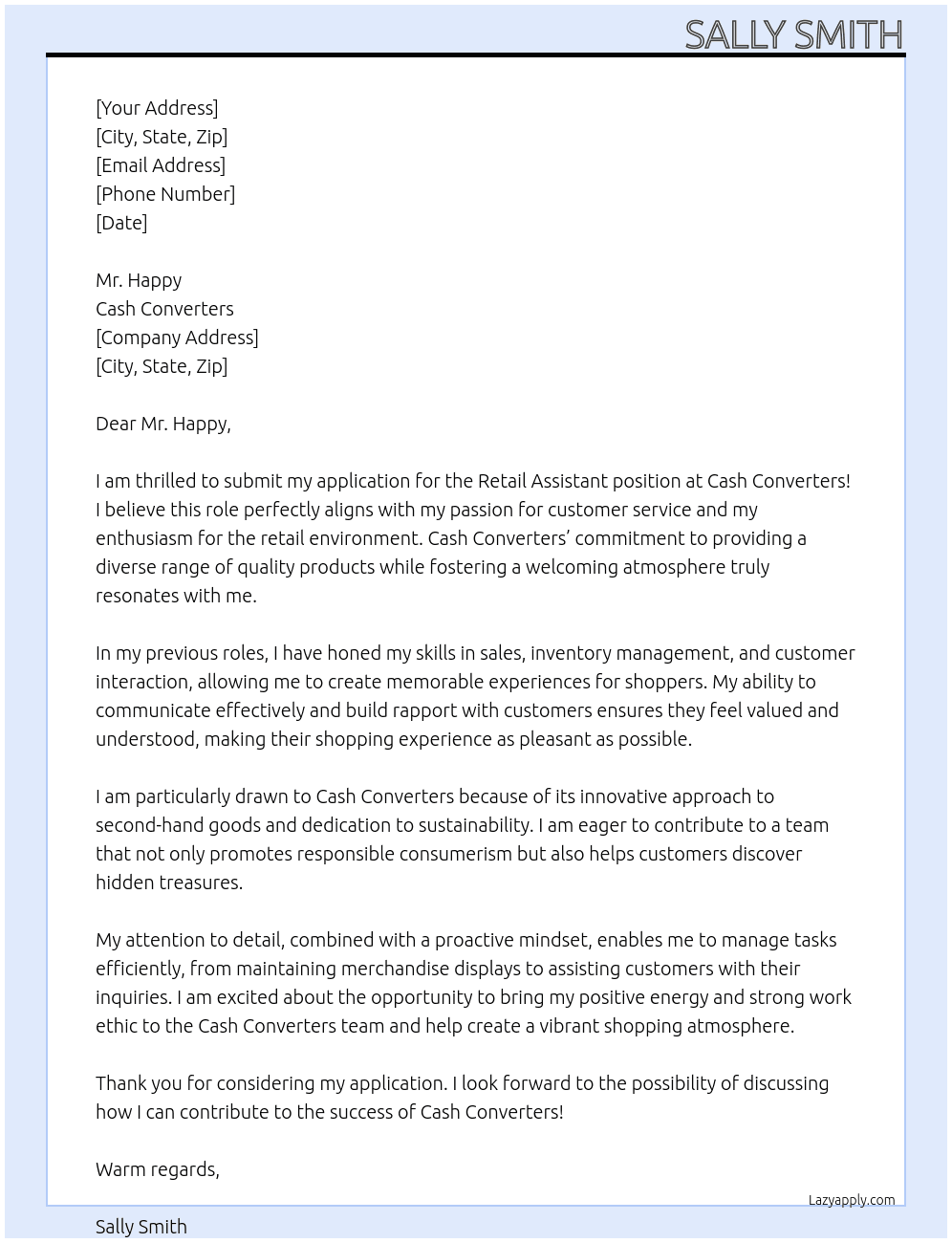 Retail Assistant At Cash Converters Cover Letter