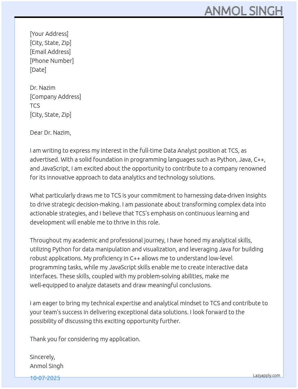Data analysis  At Tcs Cover Letter