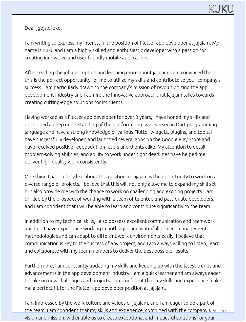Flutter app developer At jajajam Cover Letter