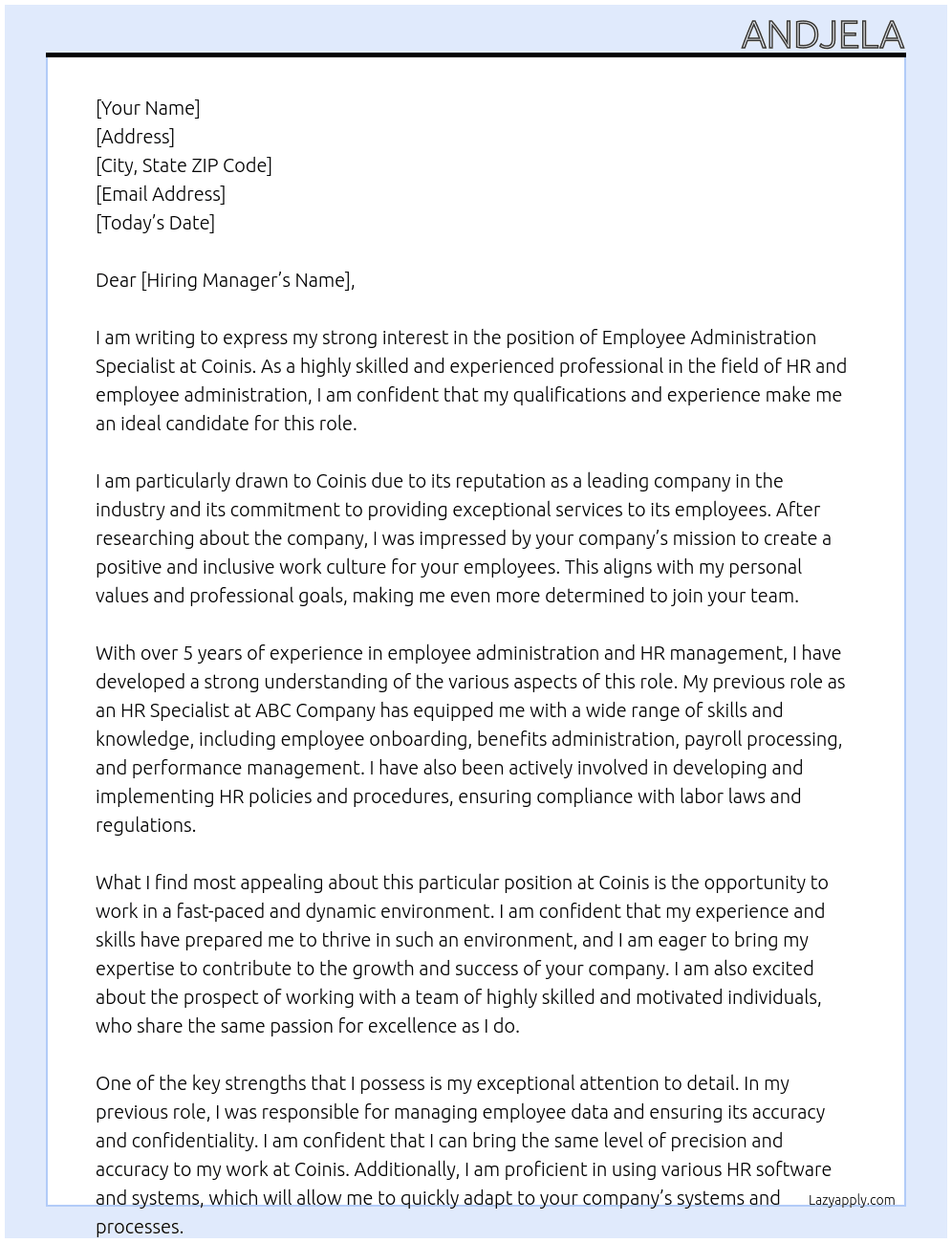 Employee administration specialist At Coinis Cover Letter