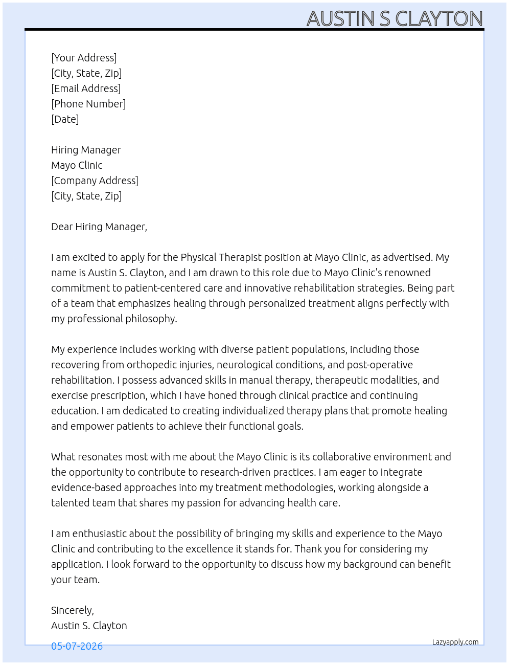 Physical therapist  At Austin s Clayton Cover Letter