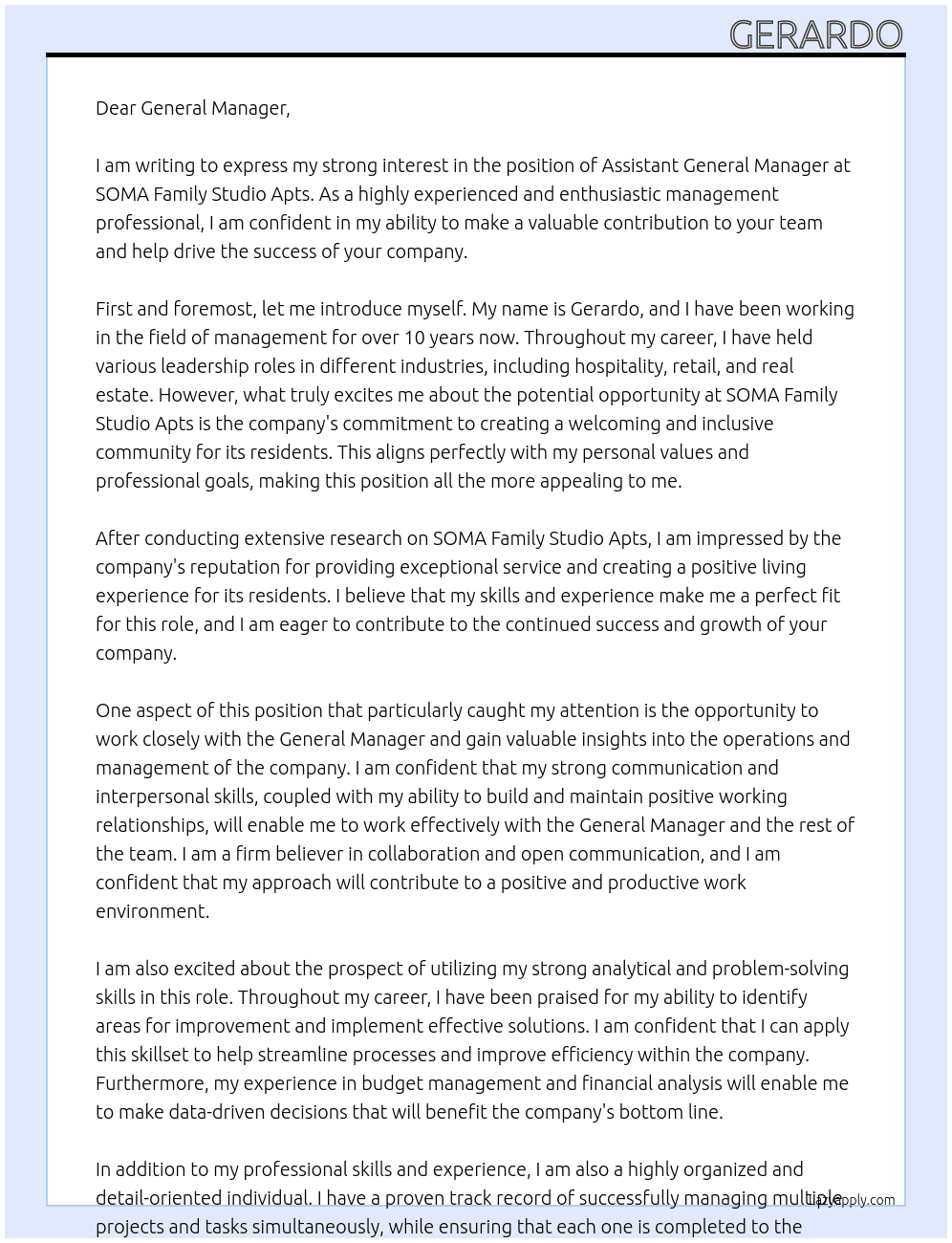 The Assistant General Manager  At SOMA Family Studio Apts Cover Letter