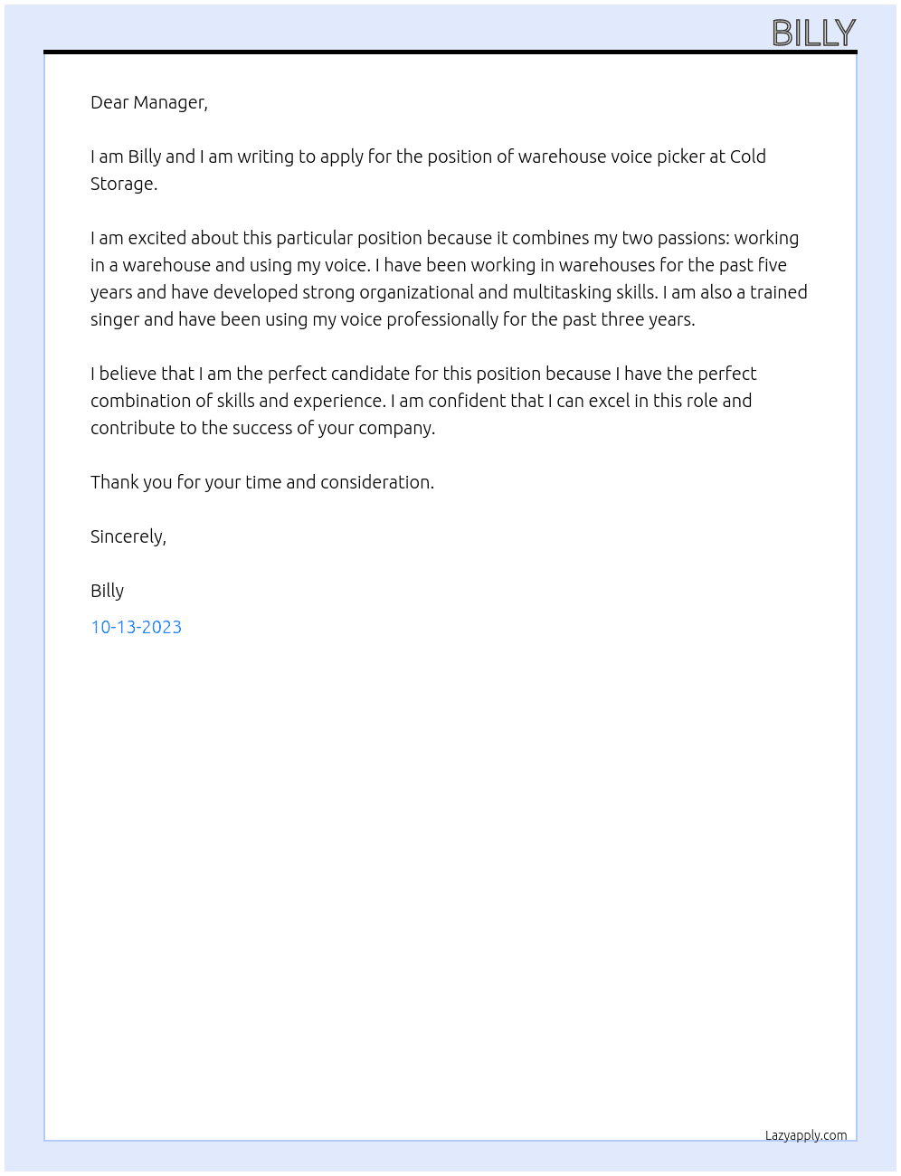 Warehouse voice picker At Cold storage Cover Letter