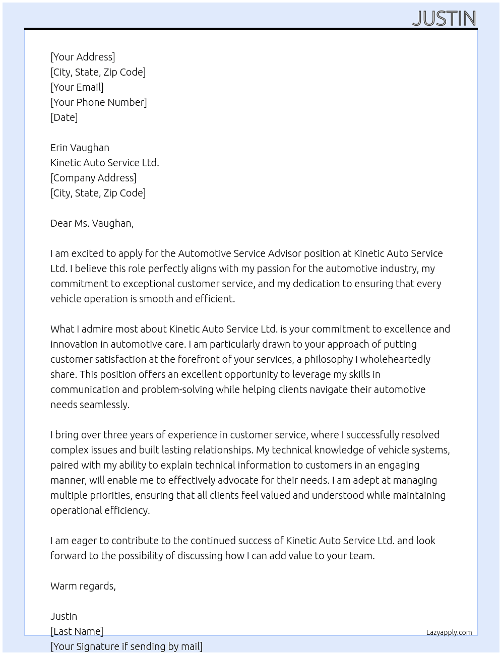 Automotive Service Advisor At Kinetic Auto Service Ltd. Cover Letter