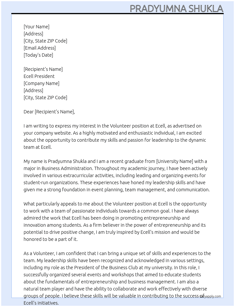 Volunteer  At Ecell Cover Letter