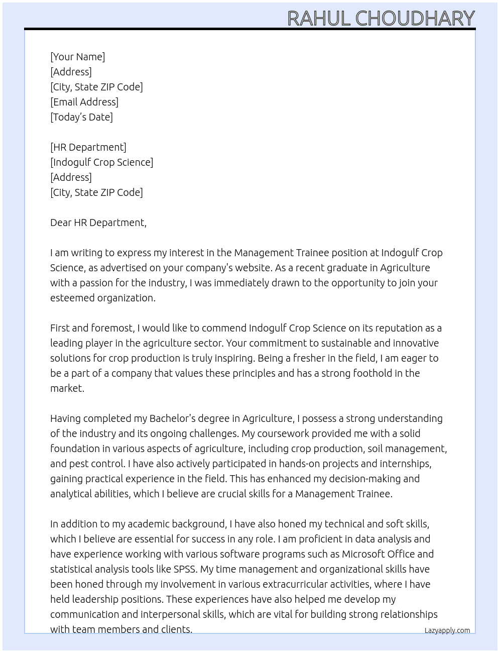 Management Trainee At Indogulf Crop Science Cover Letter