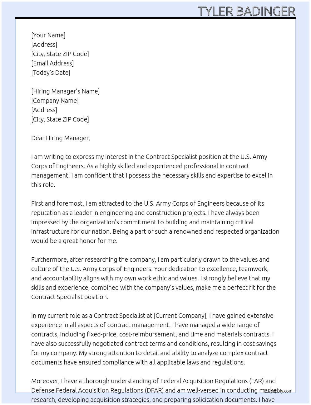 Contract Specialist At U.S. Army Corps of Engineers Cover Letter
