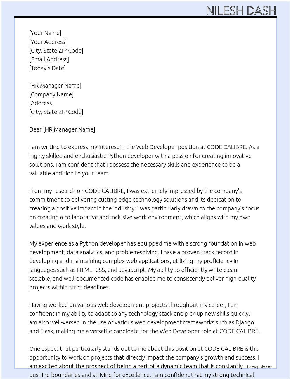 Web Developer  At CODE CALIBRE Cover Letter