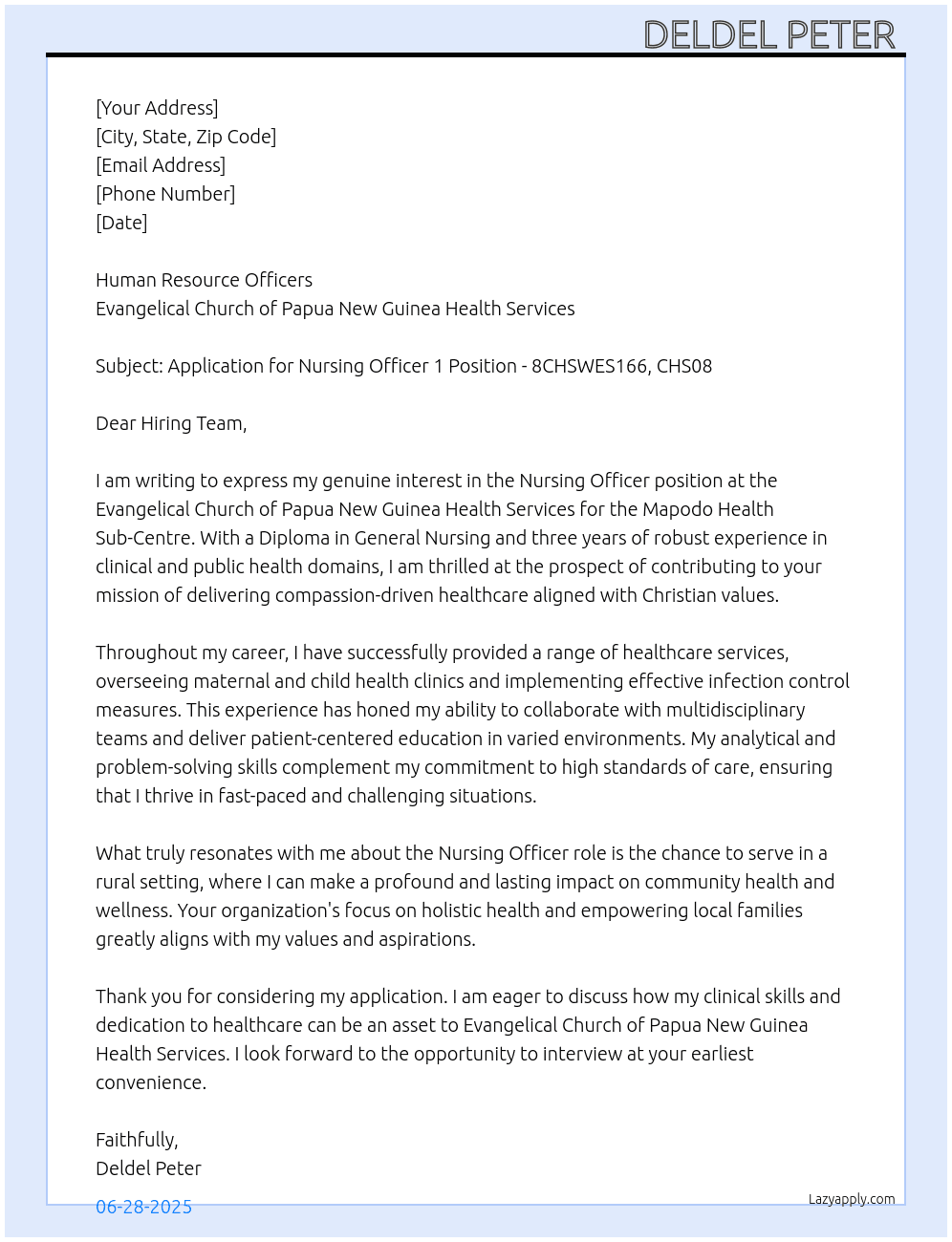 Nursing Officer  At Evangelical Church of Papua New Guinea Health Services  Cover Letter