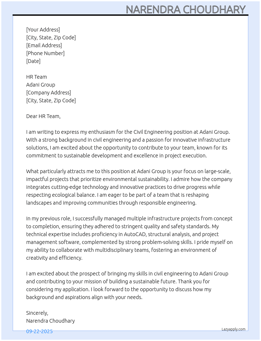 Civil engineering  At Adani group  Cover Letter