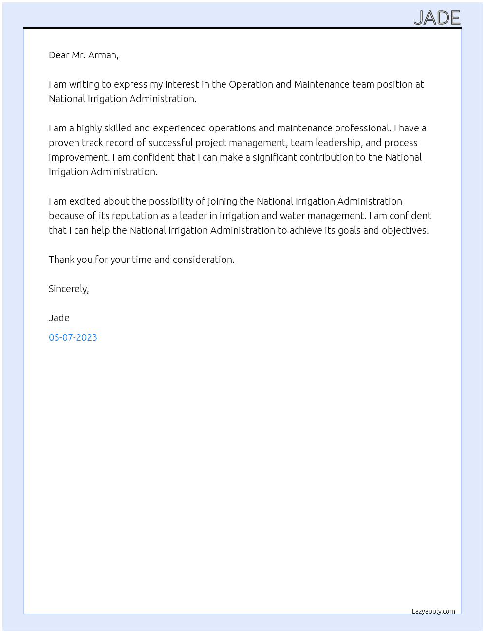 Operation and maintenance team At National irigation administration  Cover Letter