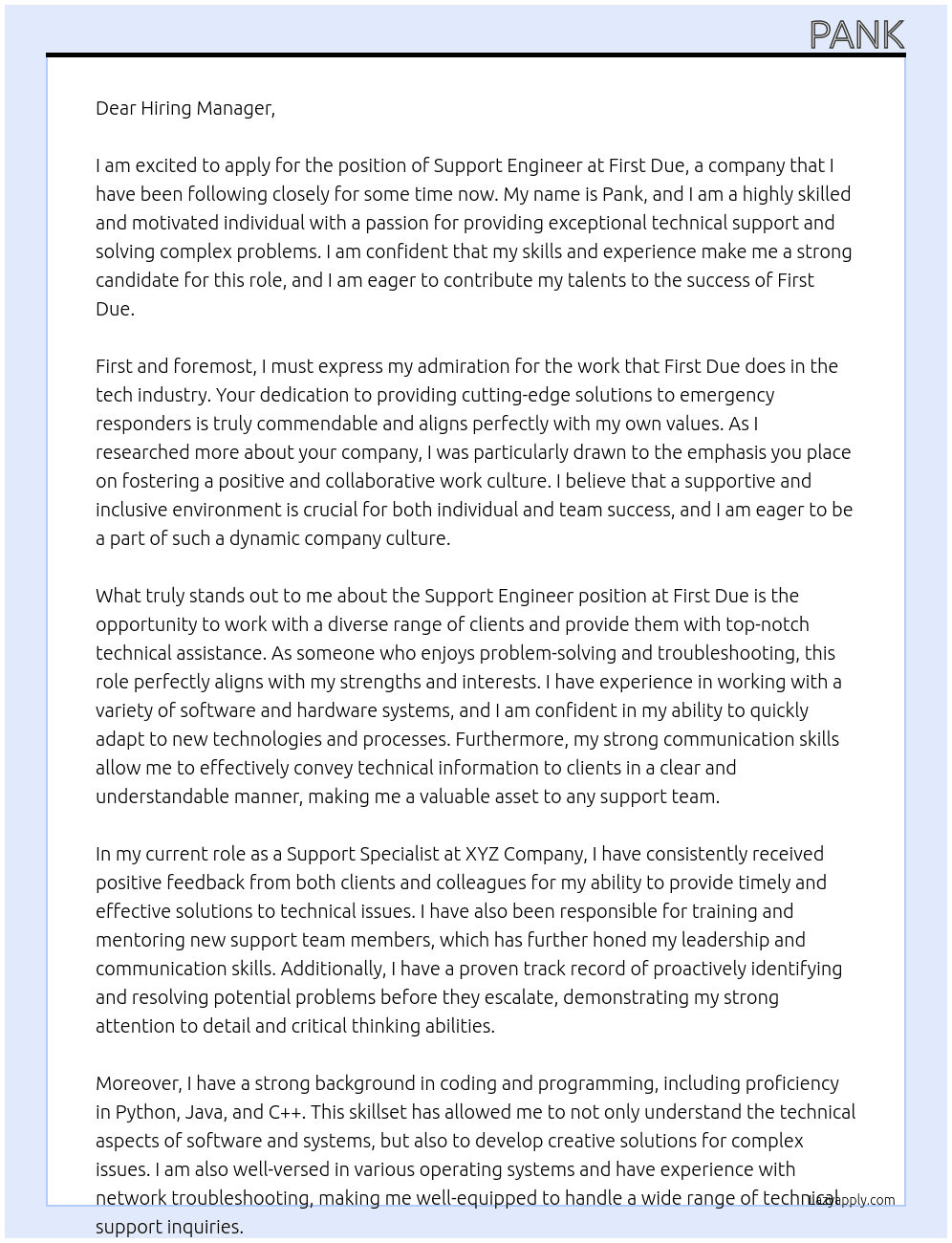 Support Engineer At First Due Cover Letter
