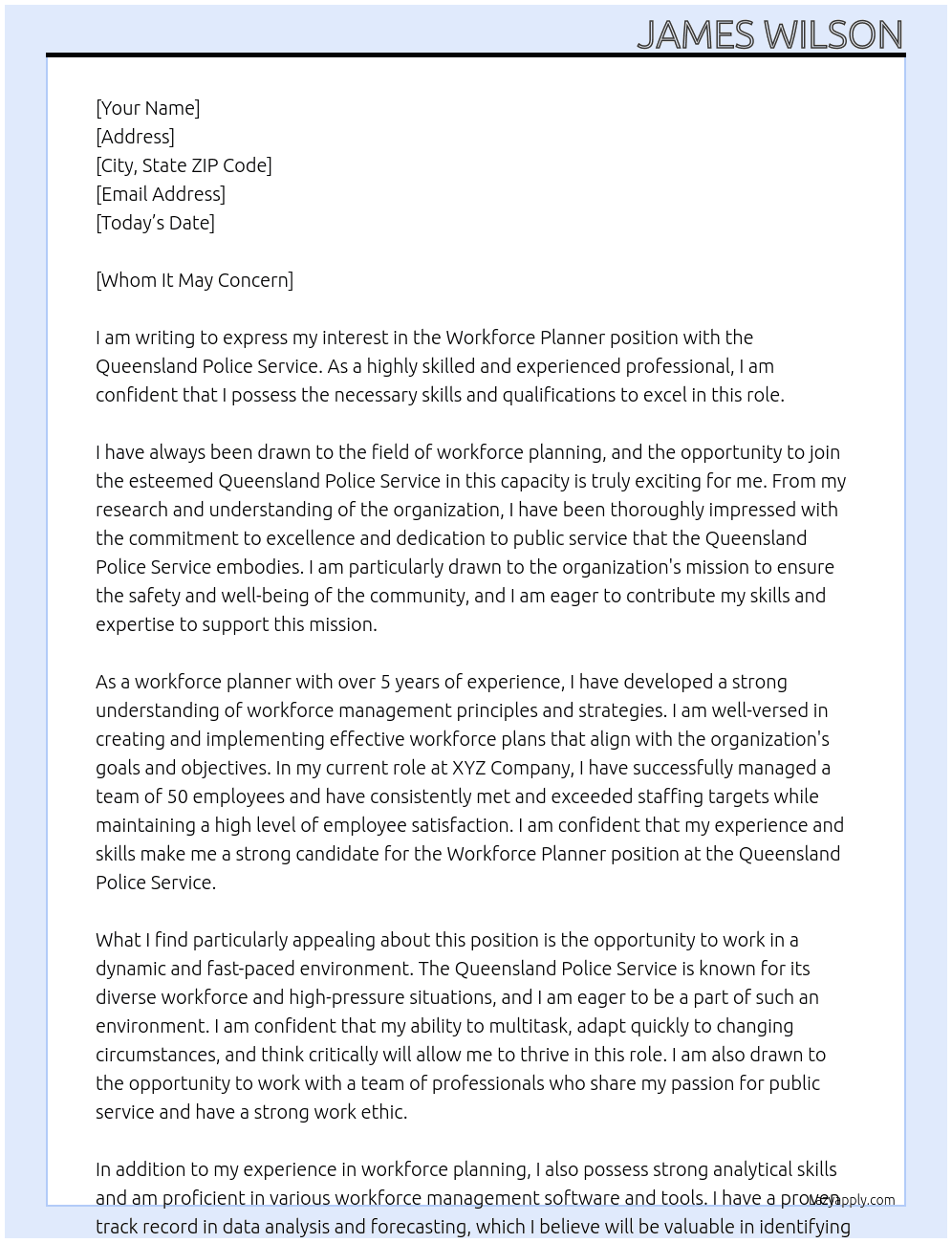 Workforce Planner At Queensland Police Service Cover Letter
