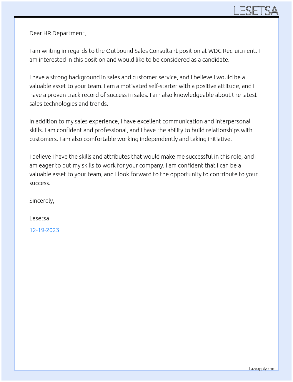 Outbound Sales Consultant At WDC Recruitment Cover Letter