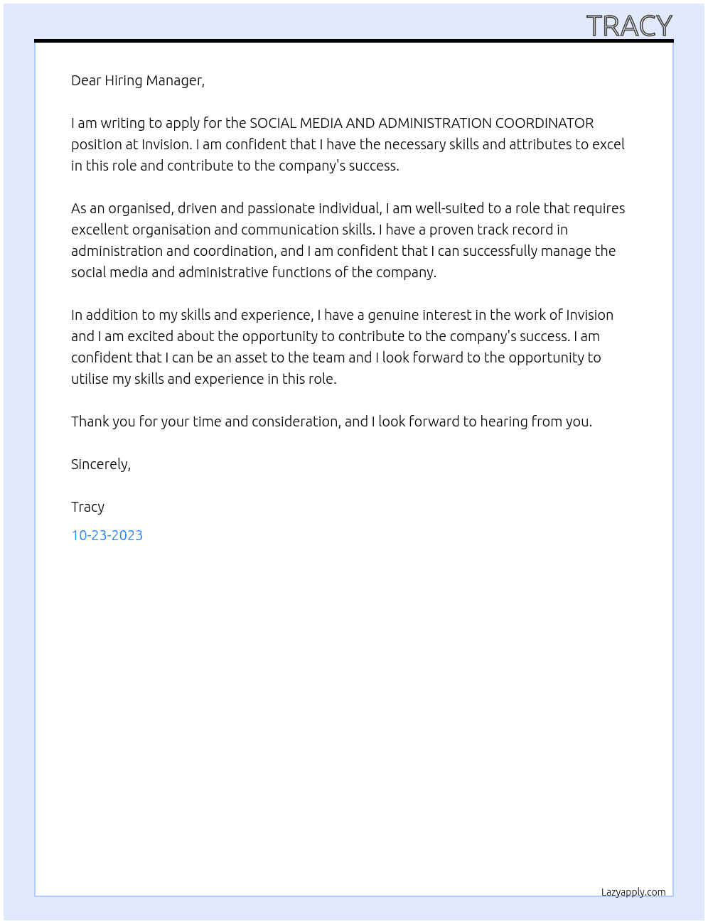 SOCIAL MEDIA AND ADMINISTRATION COORDINATOR At Invision  Cover Letter