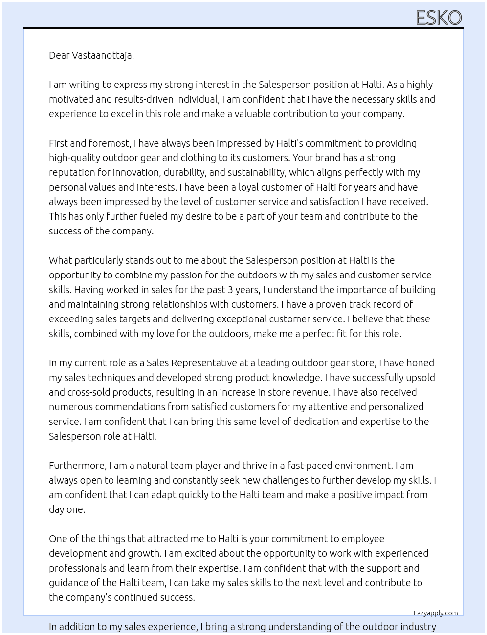 salesperson At Halti Cover Letter