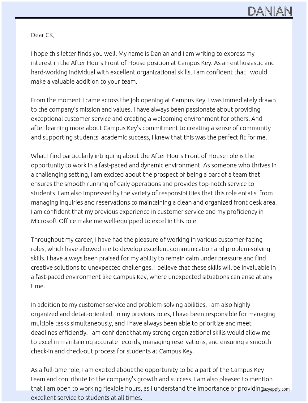 After Hours Front of House At Campus Key Cover Letter
