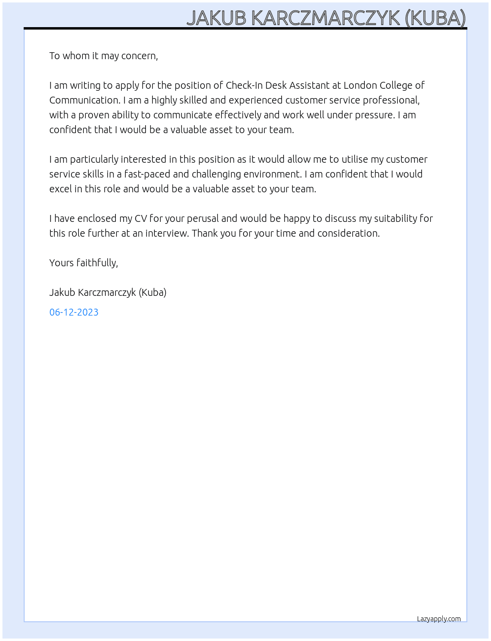 Check-In Desk Assistant At London College of Communication Cover Letter