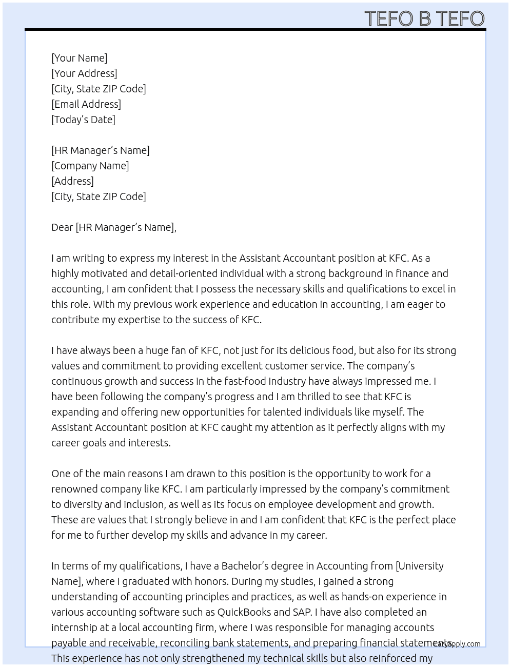 Assistant Accountant  At KFC Cover Letter