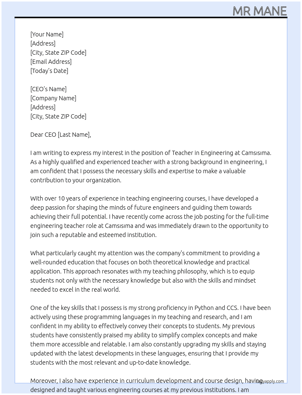 Teacher in engineering  At Camsısıma  Cover Letter
